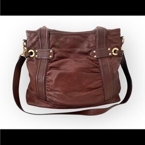 b. makowsky Brown Leather Dual Handle Shoulder Bag — Removable Crossbody Strap